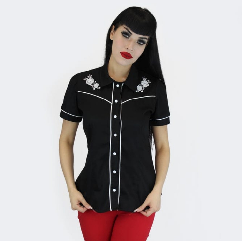 White Rose Floral Black Western Women Top , Vintage PinUp Country